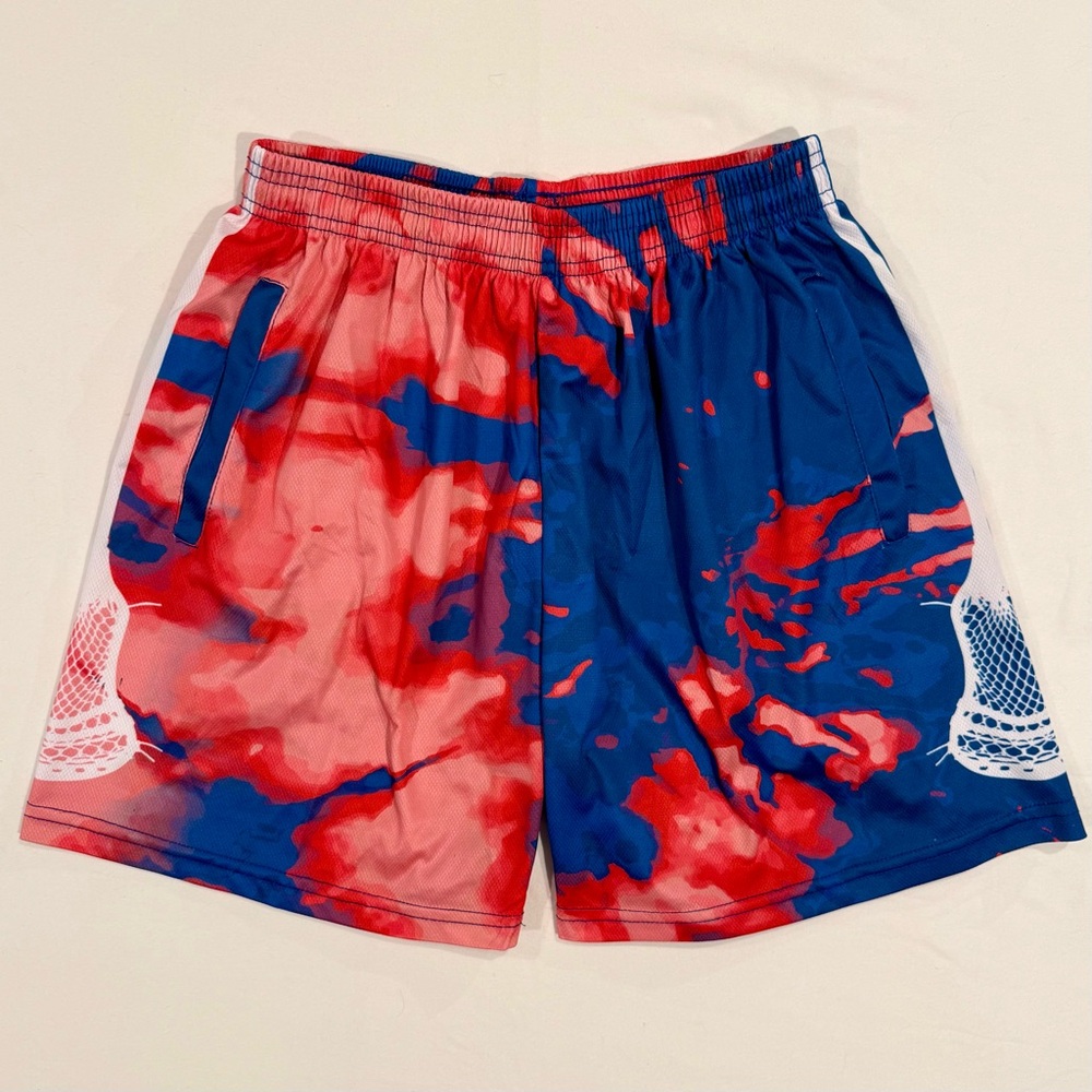 ChalkTalk Sports Lacrosse Shorts Mens Small Beckett Spiral Tie-Dye Red Blue USA